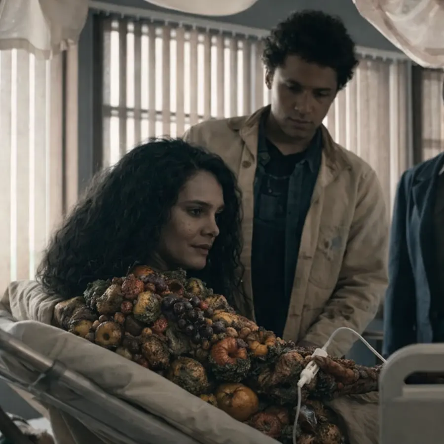 gpt-image-2 render: Change the woman’s body in the beds to be made out of rotting fruit, but maintain her facial feat...