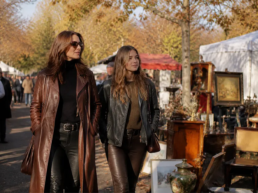 Elegant Mother And Daughter At Autumn Outdoor Flea Market