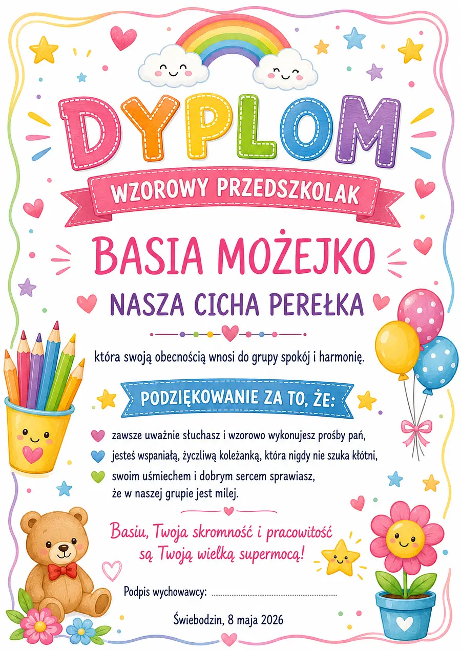 stwórz dyplom na białym tle z kolorowymi obrazkami 
wzorowy przedszkolak.
...