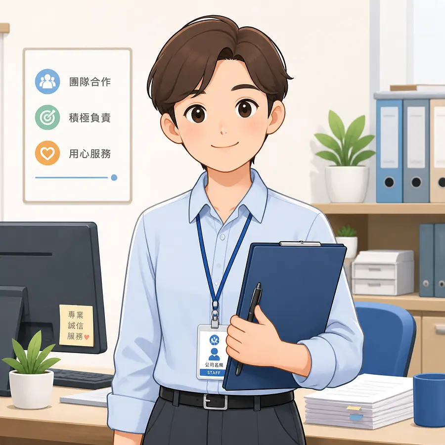 工作人員（基層職員）

性別：中性設計（可選男或女，建議中性化以利通用）
服裝：整齊的淺藍色或灰色襯衫，配戴公司識別證
表情：親切微笑，眼神專注，展現積極與可靠感
動作：手持文件夾或筆...