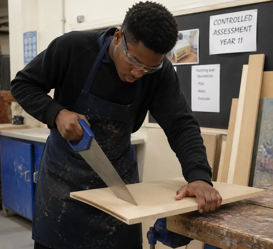a black guy sawing a wooden board for a painting and decoration nea controlle...
