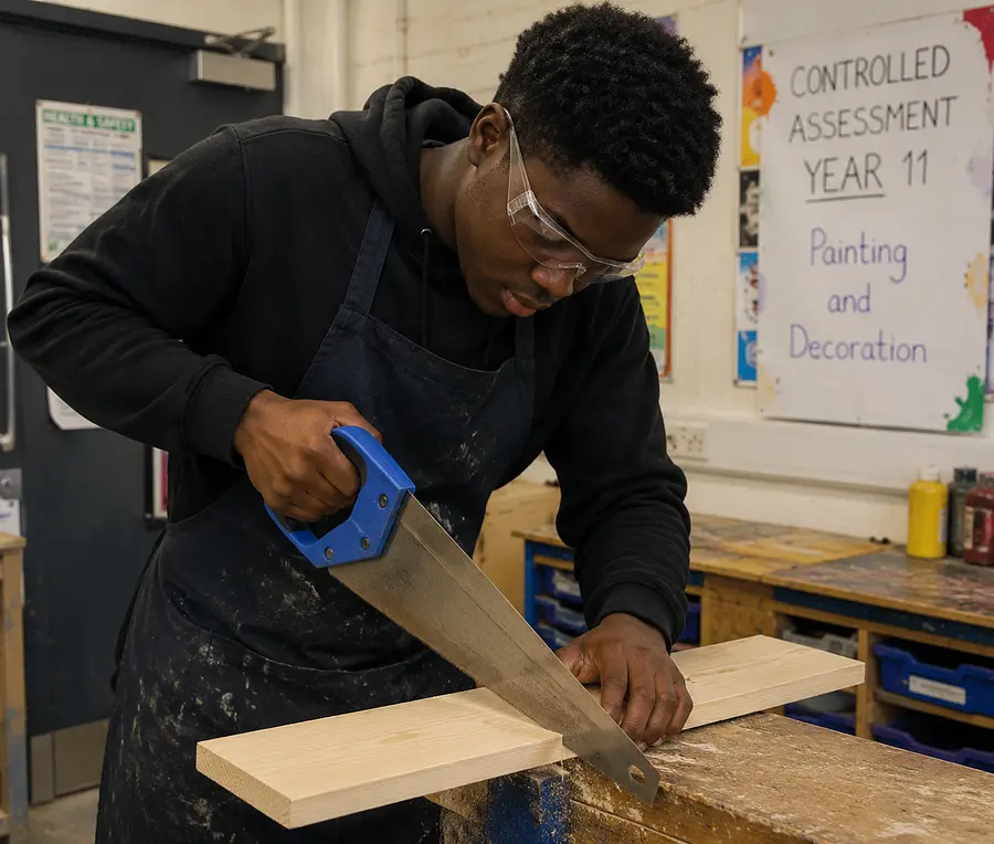 gpt-image-2 render: a black guy sawing a wooden board for a painting and decoration nea controlled assesment year 11