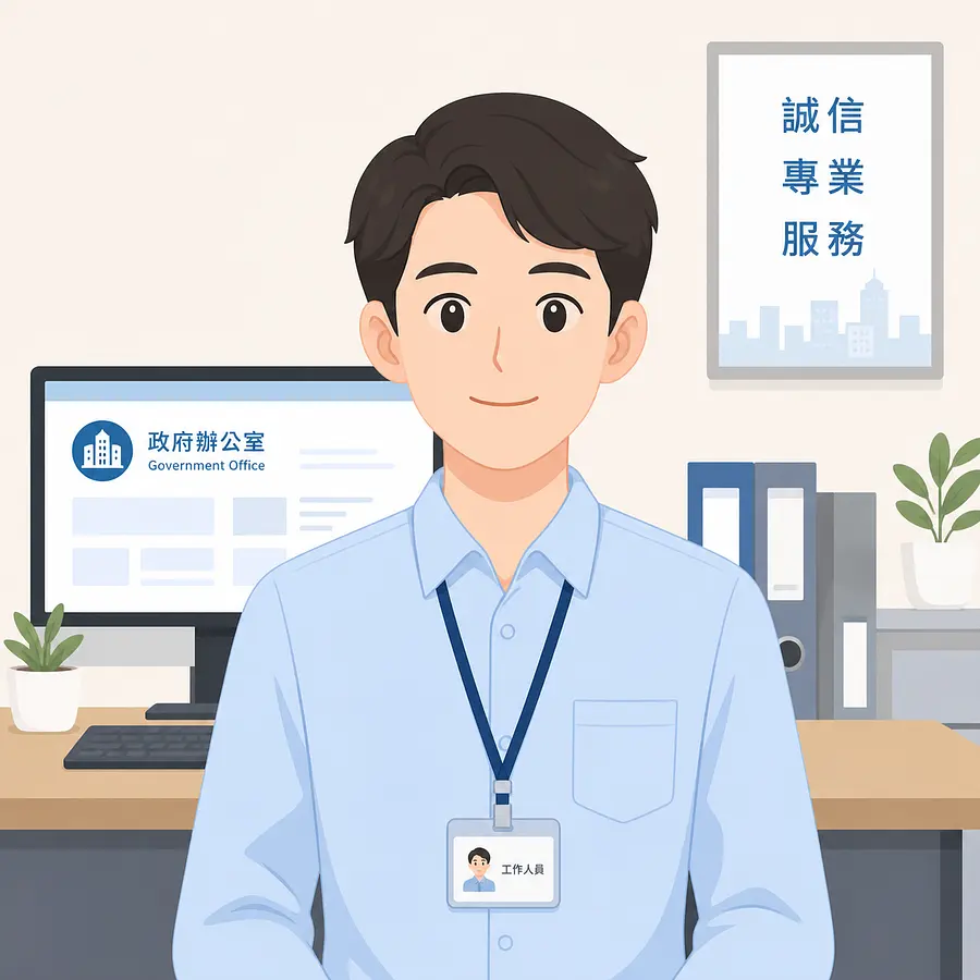 工作人員（基層職員）
一位微笑的政府辦公室工作人員半身卡通圖，穿著整齊的淺藍色襯衫與識別證，背景有電腦螢幕，風格簡約、線條柔和、色彩明亮，適合用於正式簡報，無誇張表情，正面視角，扁平插畫風格