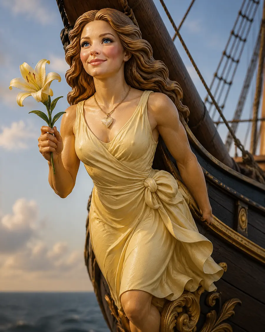 gpt-image-2 render: Erstelle mir eine Galionsfigur.
Eine Frau mit dunkelblonden Haaren und blauen Augen .
Sie trägt...