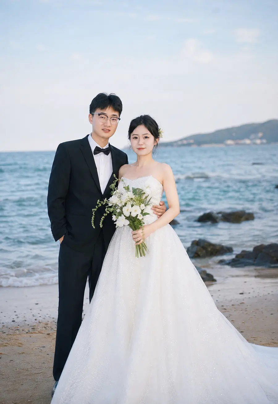 根据这两张人物图，生成在海边的婚纱照，要真实一点