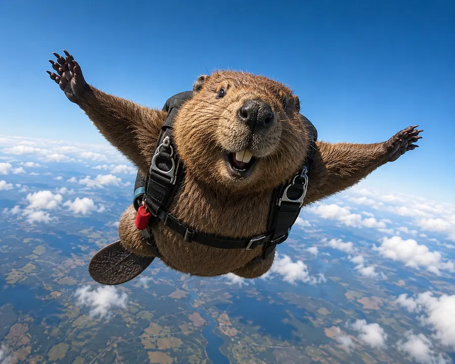 A beaver skydiving