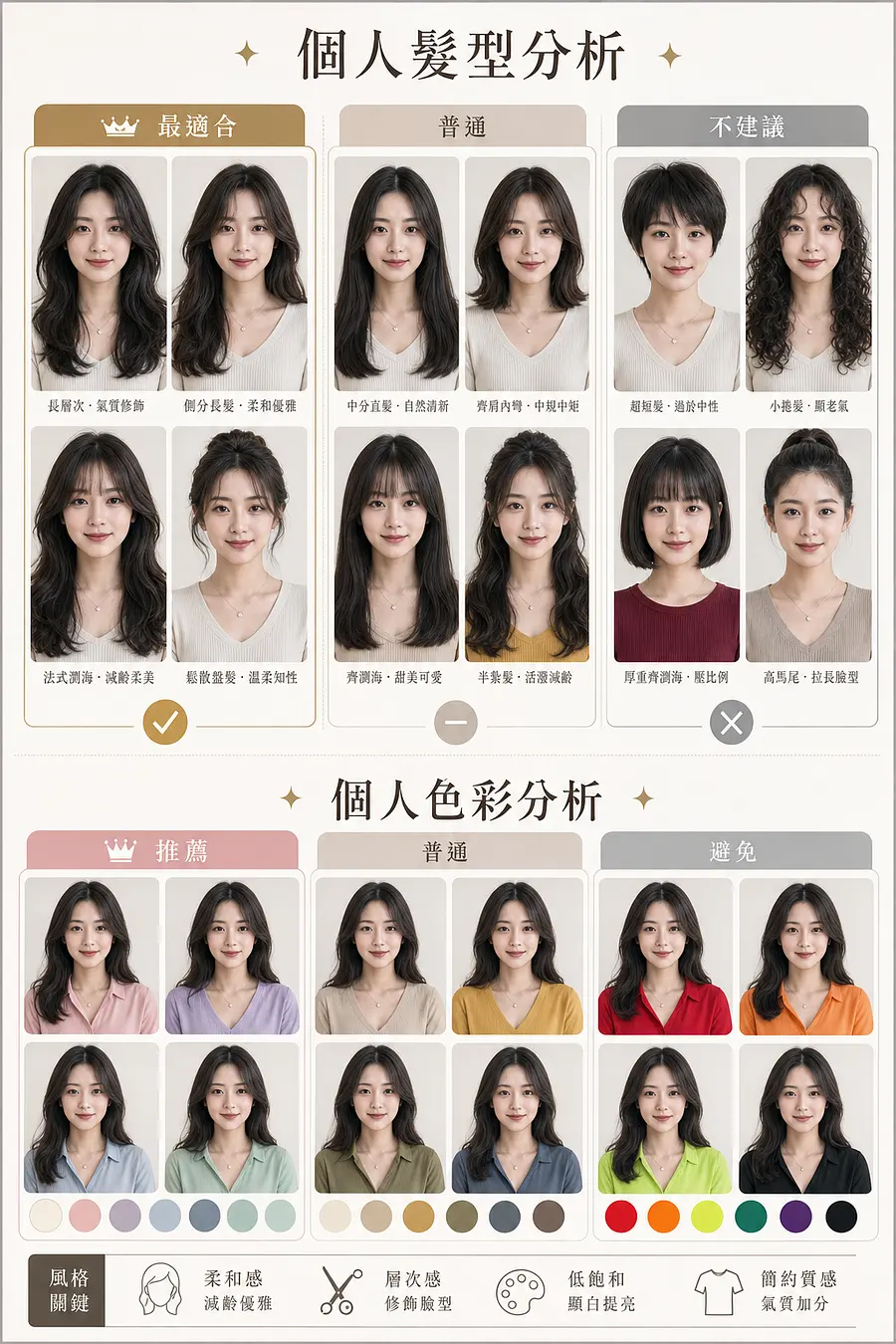 個人髮型分析】
- 請根據我上傳的人像照片，製作一張高質感
個人髮型分析圖卡
- 保留主角原本五官、臉型與真實特徵，透過左右或並排對比方式，展示不同...
