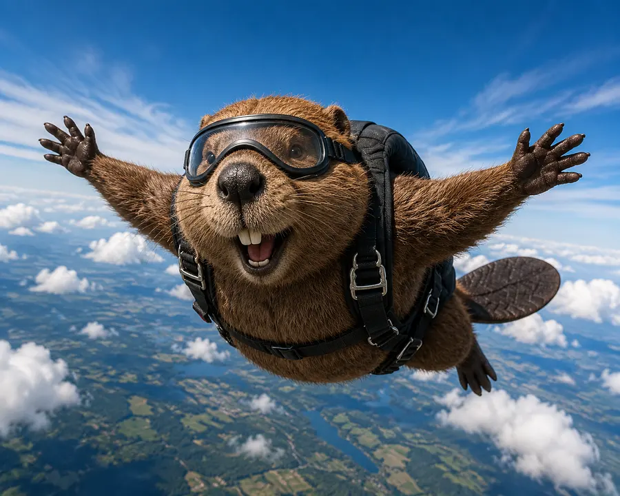 A beaver skydiving