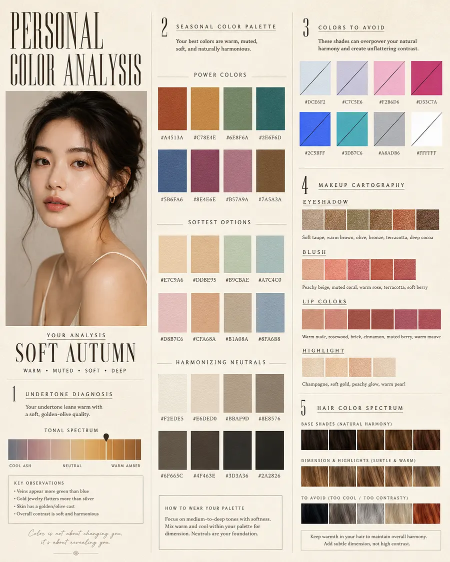 gpt-image-2 render: AI personal color analysis infographic based on awesome-gpt-image-2 Case 364. Create a luxury "PE...