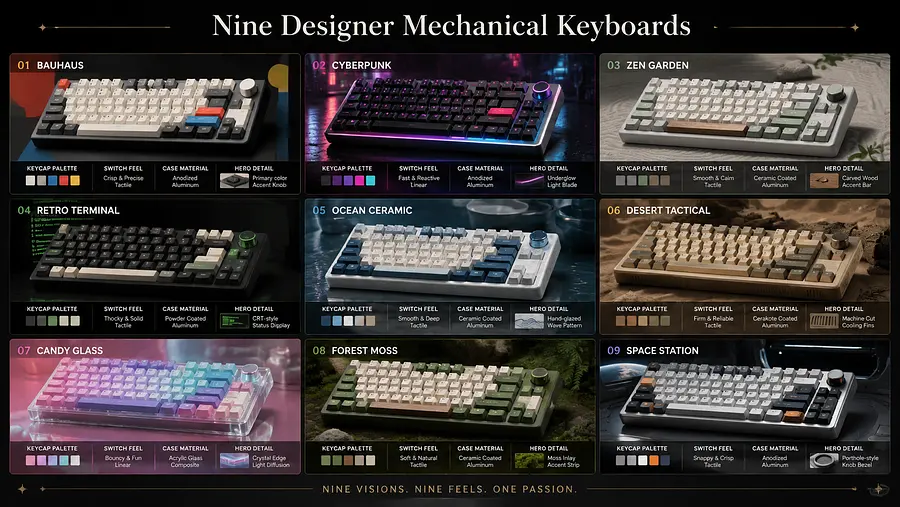 gpt-image-2 render: AI mechanical keyboard design generator based on awesome-gpt-image-2 Case 302. Create a 16:9 desi...