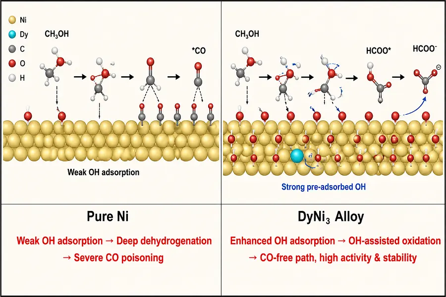 Scientific mechanism schematic for anodic methanol oxidation reaction (MOR), landscape rectangula...