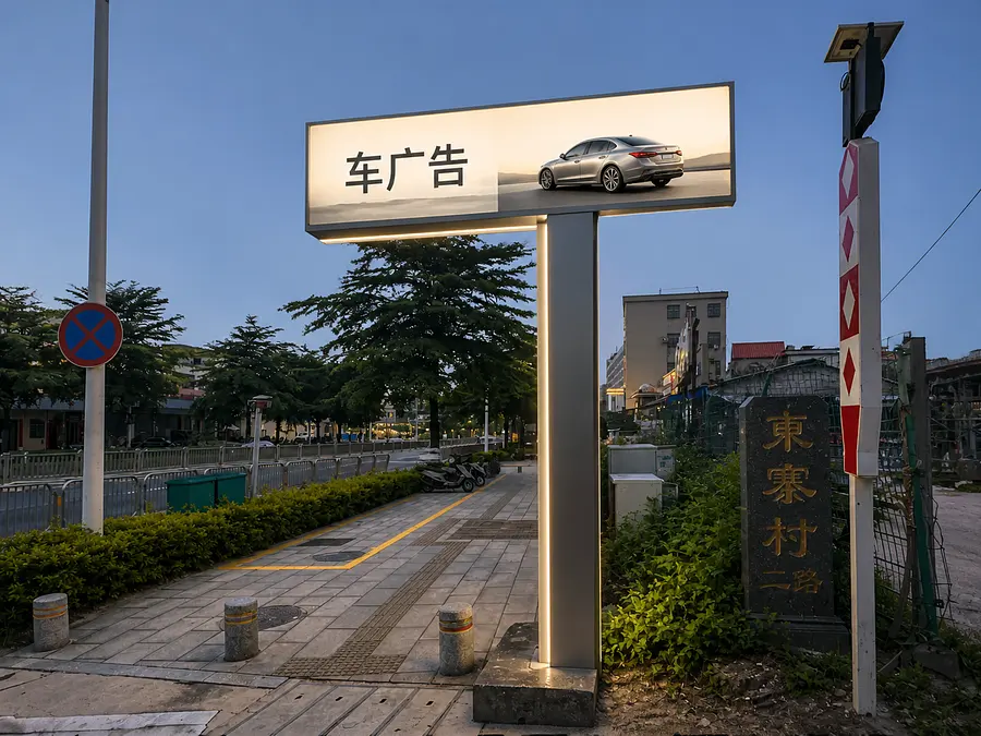 跟圖片紅色形狀，做一個戶外招牌架，底企身入邊係圓通外面係包鋁板一件長方形，頂就係拋出街外招牌架，請幫我生成一個靚仔嘅招牌架，招牌內容係车廣告