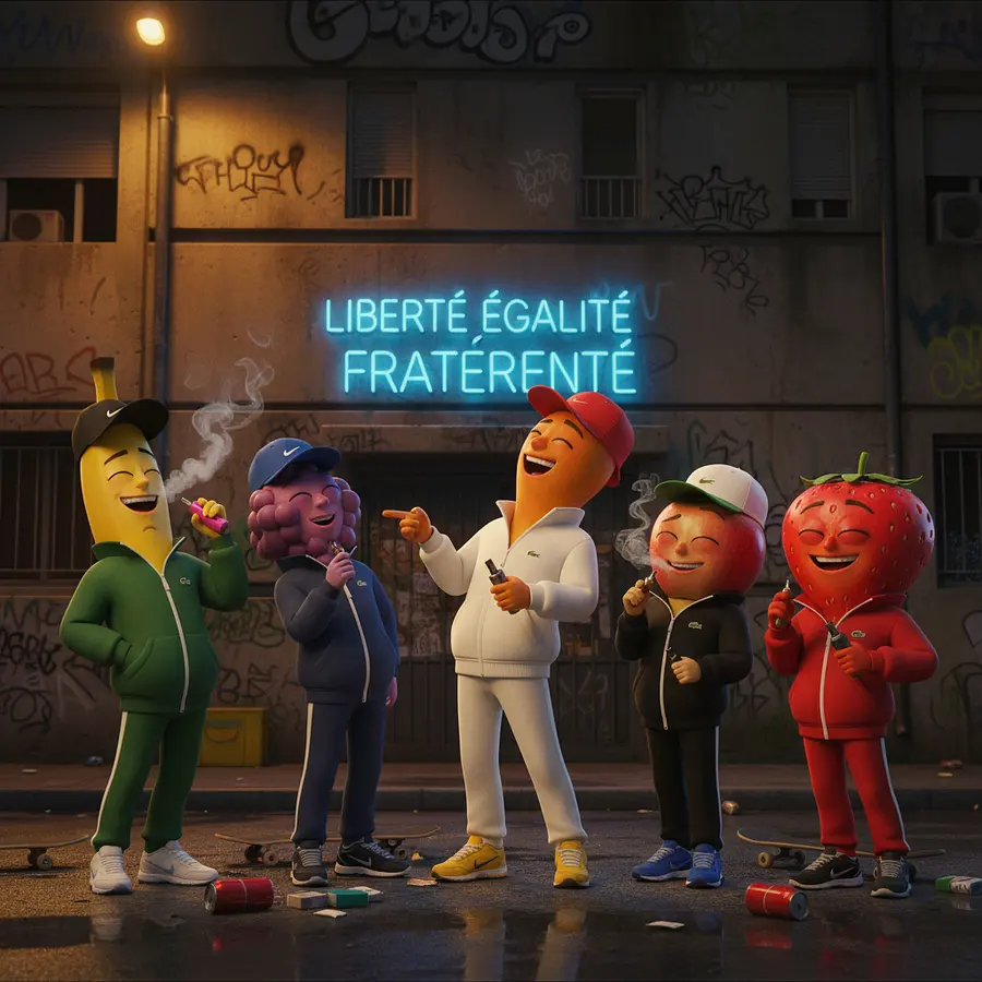 “A group of 18-year-old anthropomorphic fruit characters hanging out in a Fre...