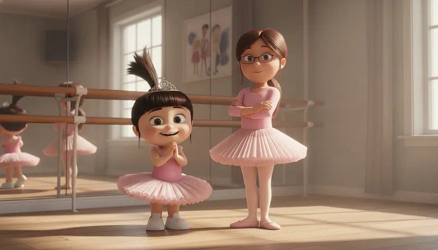 Two little sisters named Agnes Gru and Margo Gru standing together with smili...