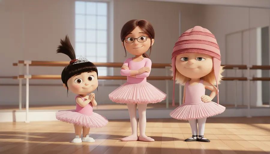 Three little sisters named Agnes Gru, Margo Gru and Edith Gru standing togeth...