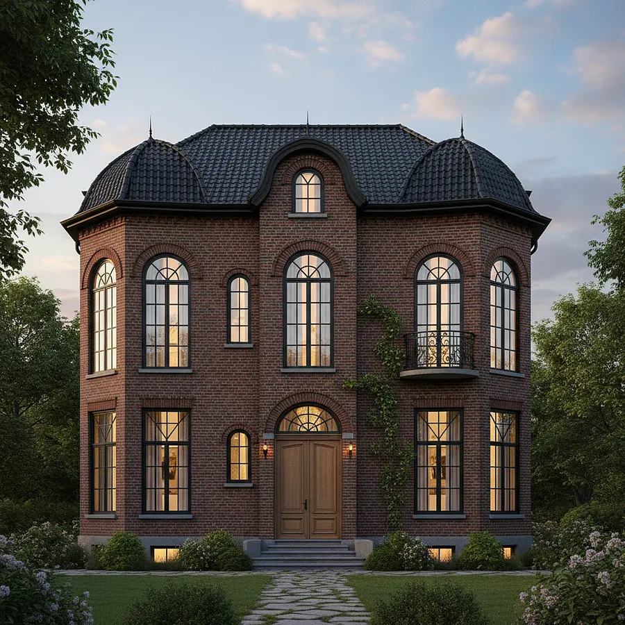 A 3 floor house. 12 meter width. 11 meter high. Brick facade with tall window...