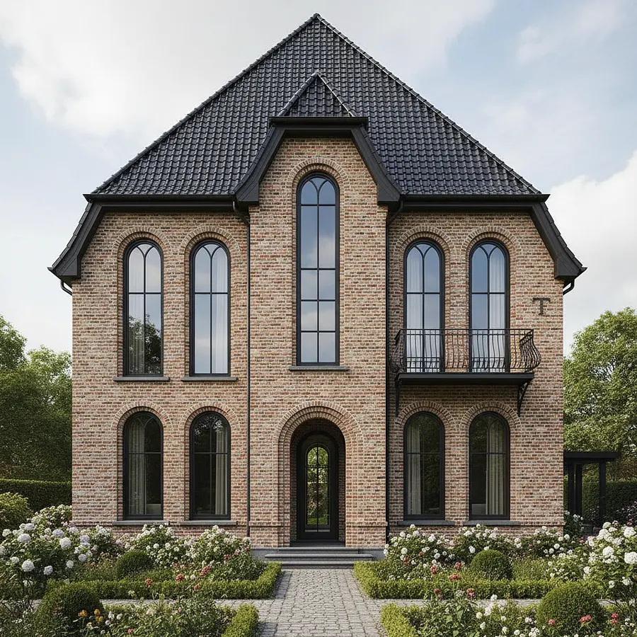A 3 floor house. 12 meter width. 11 meter high. Brick facade with tall window...