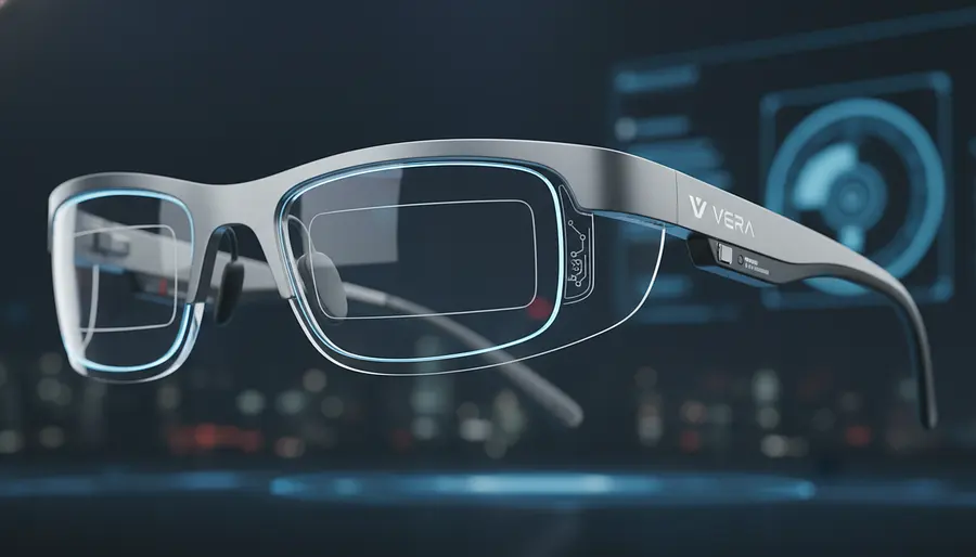 "A highly detailed, cinematic shot of cutting-edge, futuristic smart glasses ...