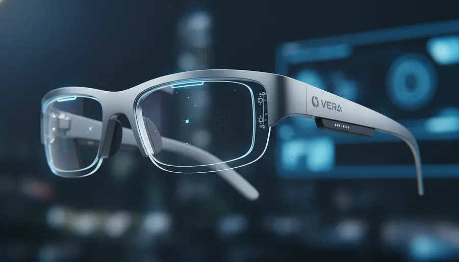 "A highly detailed, cinematic shot of cutting-edge, futuristic smart glasses ...