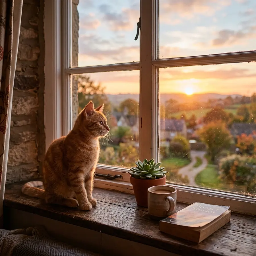 Photorealistic Orange Cat On A Sunset Windowsill