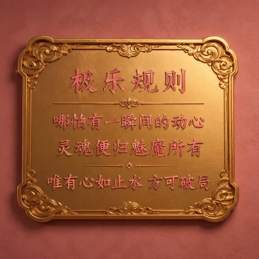 生成这个房间中，墙上一个金色牌匾的特写，牌匾上用中文写着粉色文字“极乐规则 哪怕有一瞬间的动心 灵魂便归魅魔所有 唯有心如止水 方可破局”。