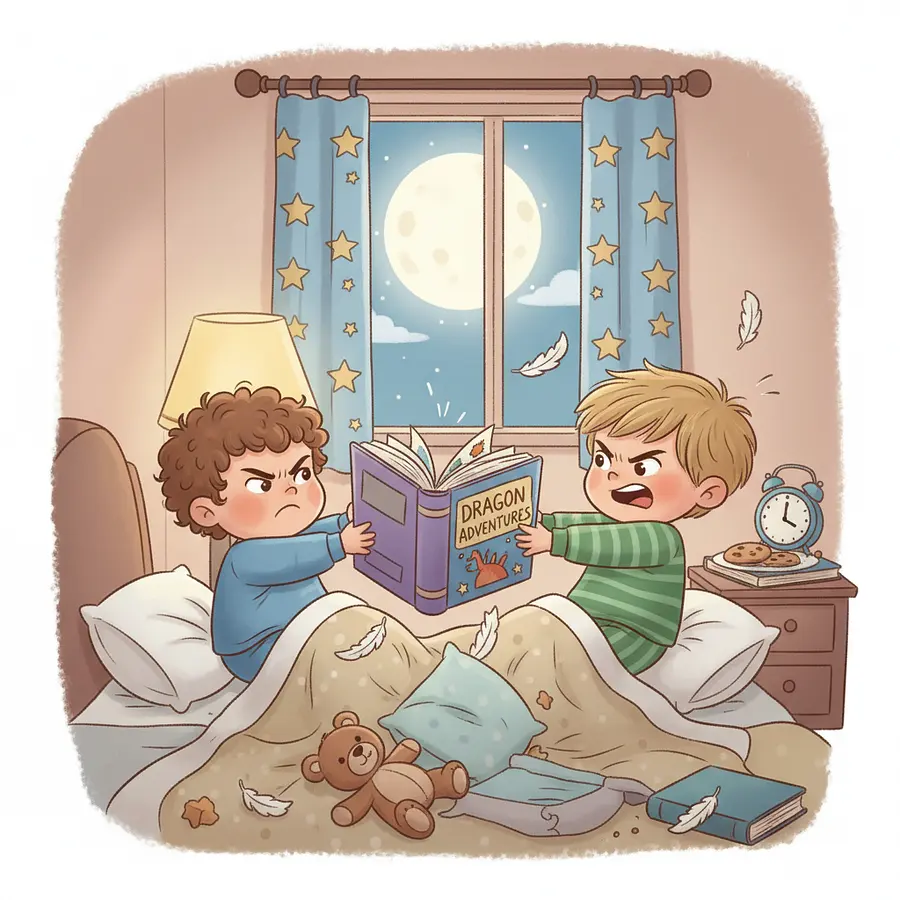 Create a cartoon image where a 2 year old boy and. 5 year old boy are fightin...