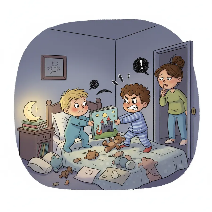 Create a cartoon image where a 2 year old boy and. 5 year old boy are fightin...