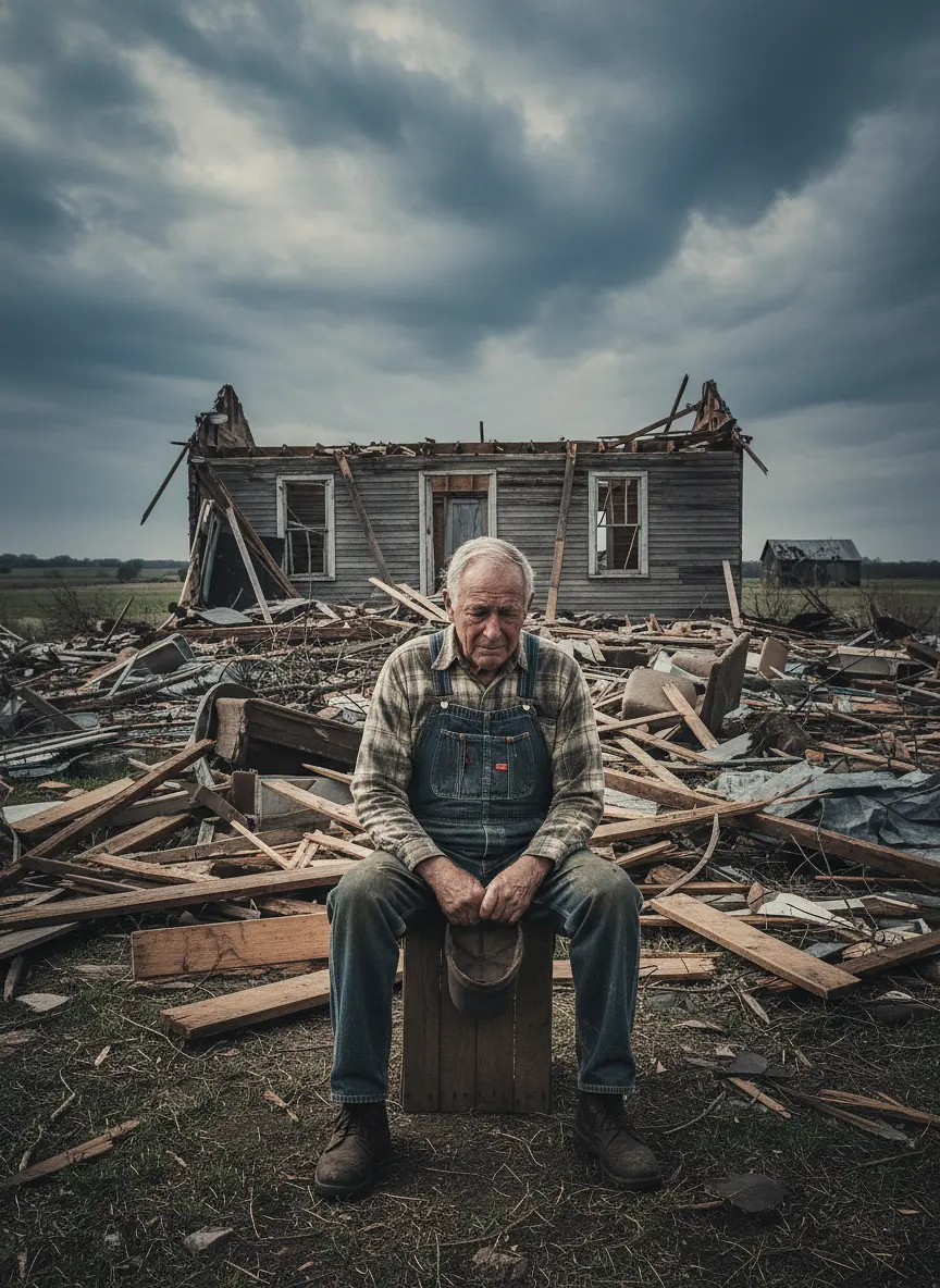 “80-year-old American grandpa sitting sadly in front of a destroyed wooden ho...