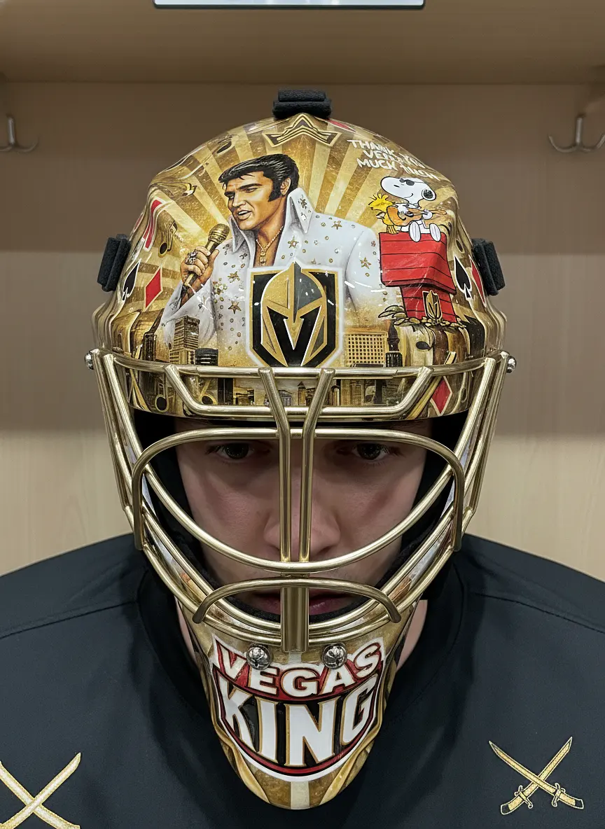 Make me a goalie mask with the vegas golden knights logo and make it elvis th...