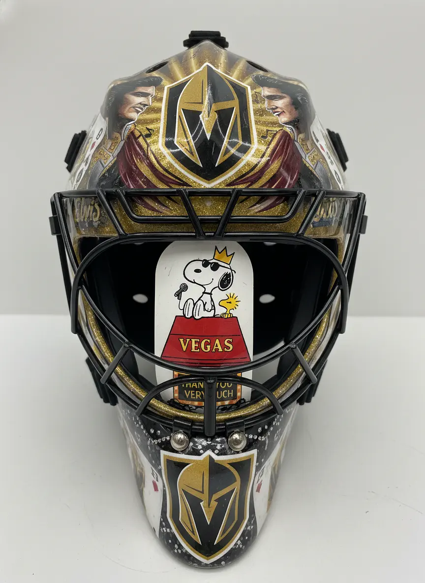 Make me a goalie mask with the vegas golden knights logo and make it elvis th...