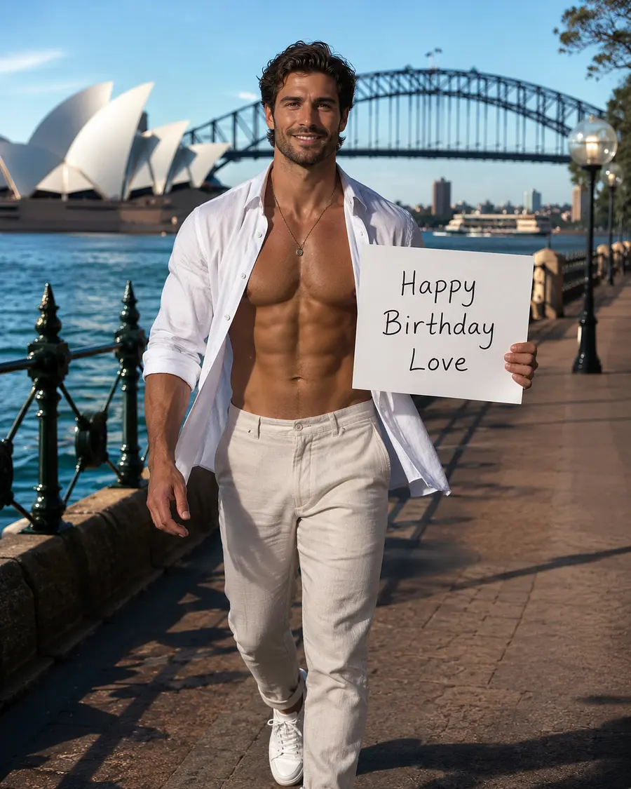 background Sydney Harbour, a man muscled shirt open we can see his pecs,walk ...