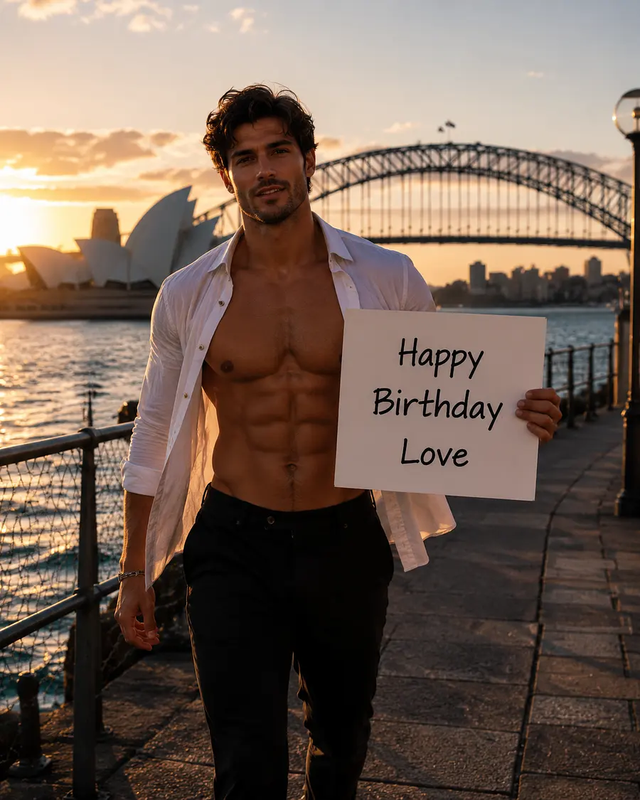 background Sydney Harbour, a man muscled shirt open we can see his pecs,walk ...