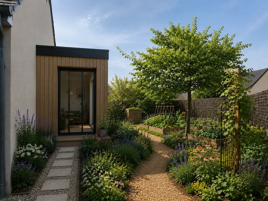 Mettre une extension d une pièce à côté du mur et in jardin paysager avec pla...