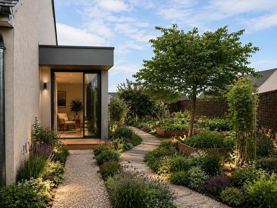 Mettre une extension d une pièce à côté du mur et in jardin paysager avec pla...