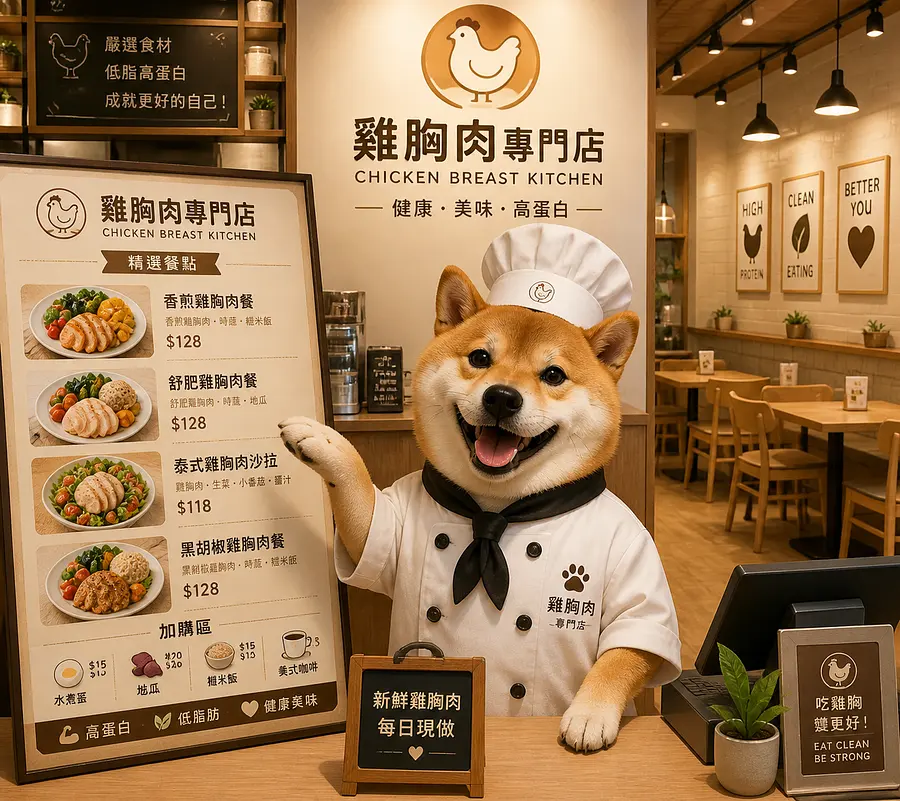 請生成一張柴犬穿着廚師服裝在一間關於雞胸肉的餐廳工作，需要展示餐廳餐牌及內部環境