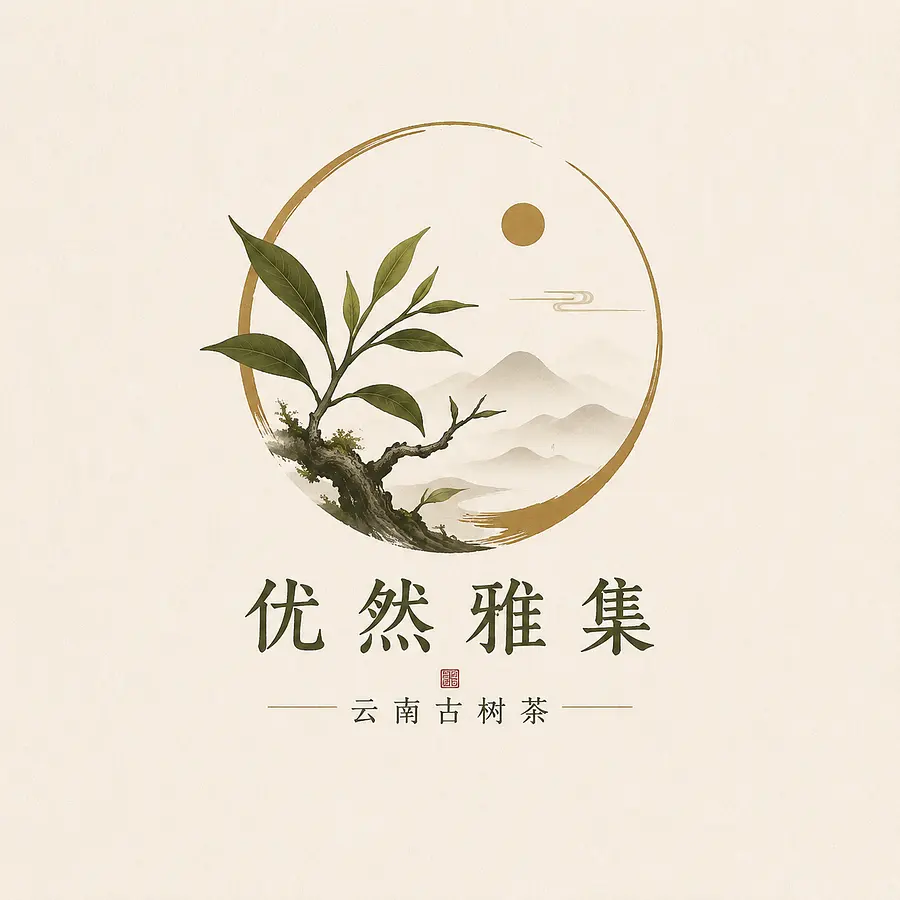 茶叶logo“优然雅集”，茶叶品种:云南古树茶设计要求：简约、大气。艺术化，有识别性。图形中不要采用文字的缩写，更多的体现茶叶元素，体现古典的中式禅意