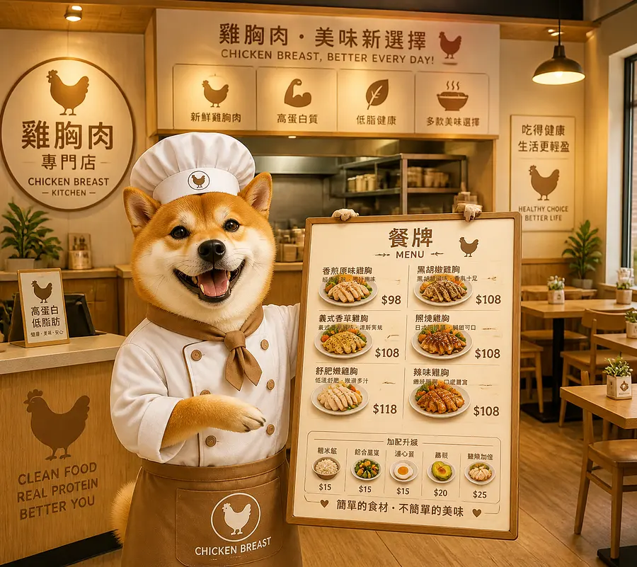 請生成一張柴犬穿着廚師服裝在一間關於雞胸肉的餐廳工作，需要展示餐廳餐牌及內部環境