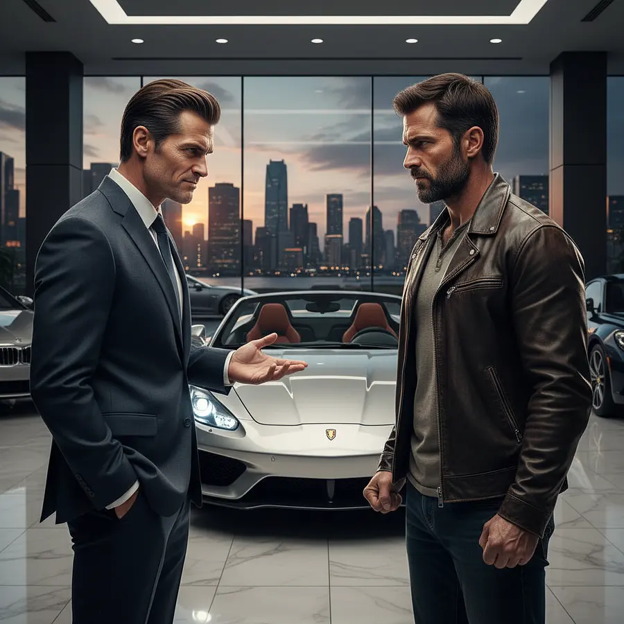 Luxury dealer mocking Halku inside premium showroom, arrogant expression, Halku clenching fists w...