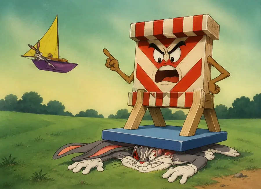 The Back of the Barrier stepped on Bugs, trapping it and said "Stop Thief!"
