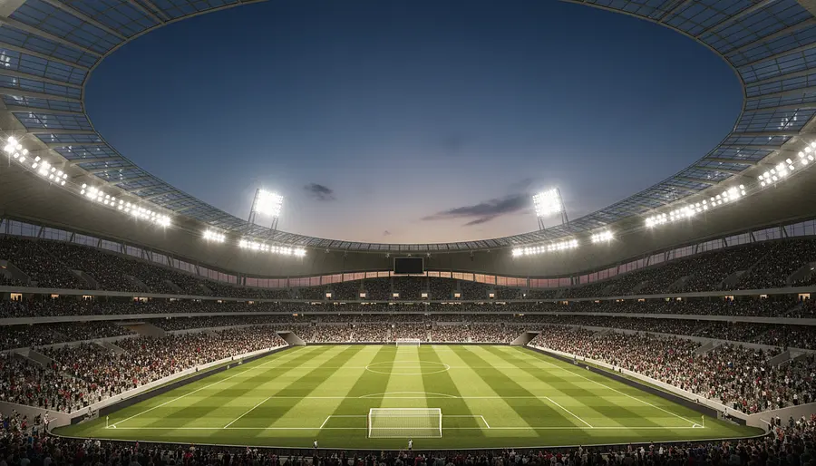 Erstelle ein beeindruckendes, fotorealistisches Bild eines riesigen modernen Fußballstadions, ins...