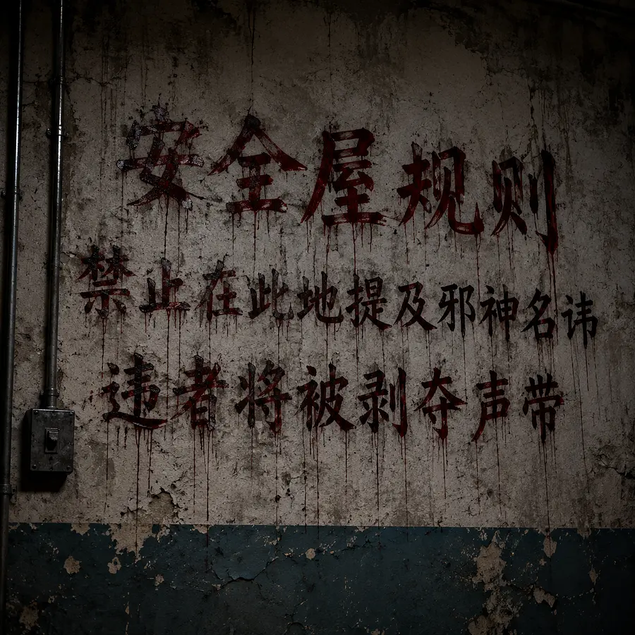 生成这个房间中，墙面上的特写，墙面用中文写着黑红色的狰狞文字“安全屋规则  禁止在此地提及邪神名讳  违者将被剥夺声带”。