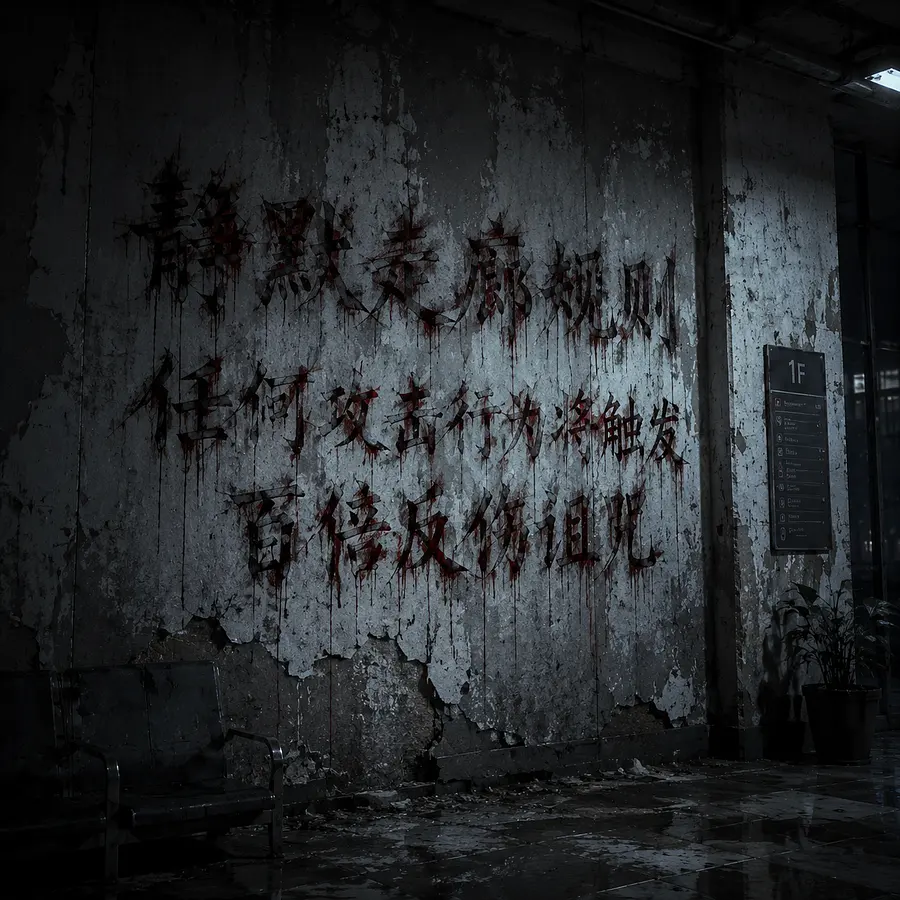 生成这个大厅中，墙面上的特写，墙面用中文写着黑红色的狰狞文字“静默走廊规则  任何攻击行为将触发百倍反伤诅咒”