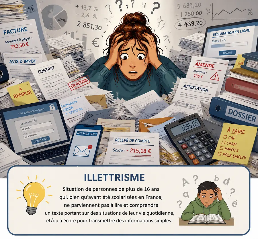 illustration, en couleur, personne entourée d'une foule de papiers administra...