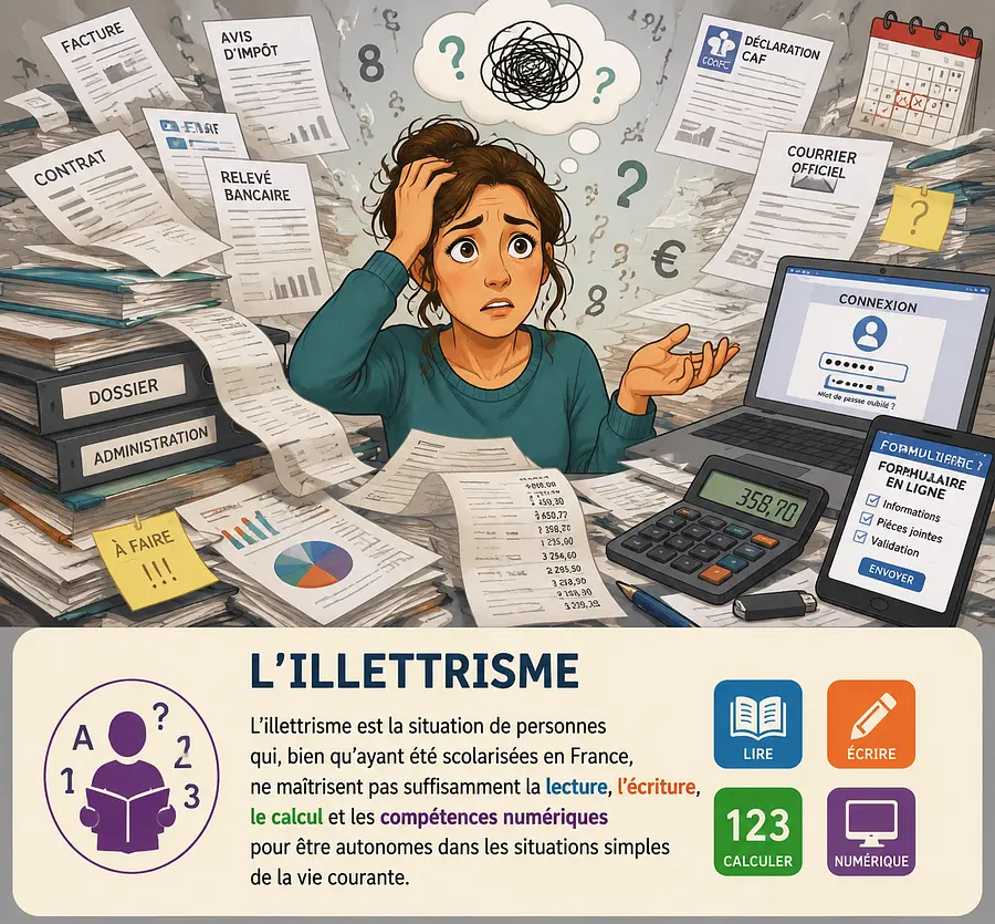 illustration, en couleur, personne entourée d'une foule de papiers administra...