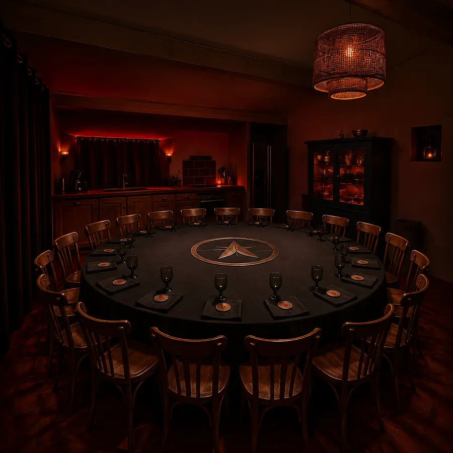 Transform this kitchen-dining room into a dramatic evening scene: block all w...
