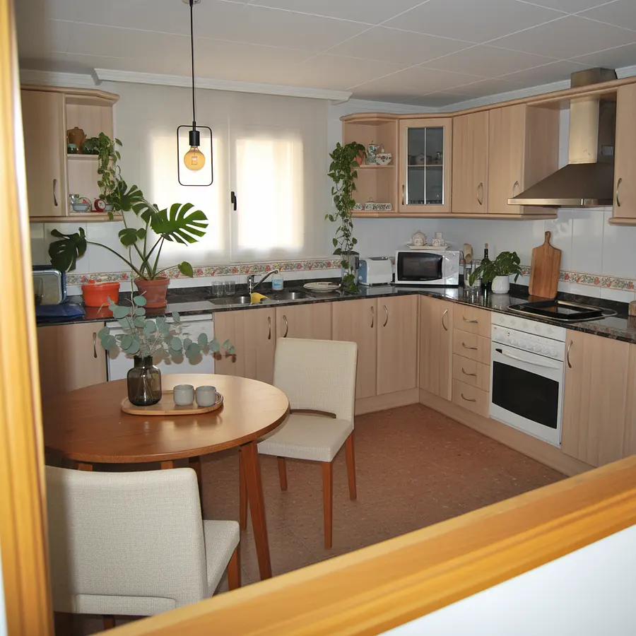 Minimalist and cosy style without changing the floor. Wood tones and plants