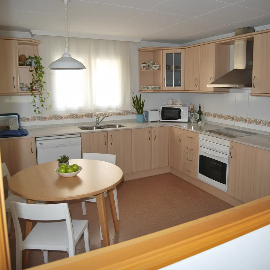 Minimalist and cosy style without changing the floor. Wood tones and plants
