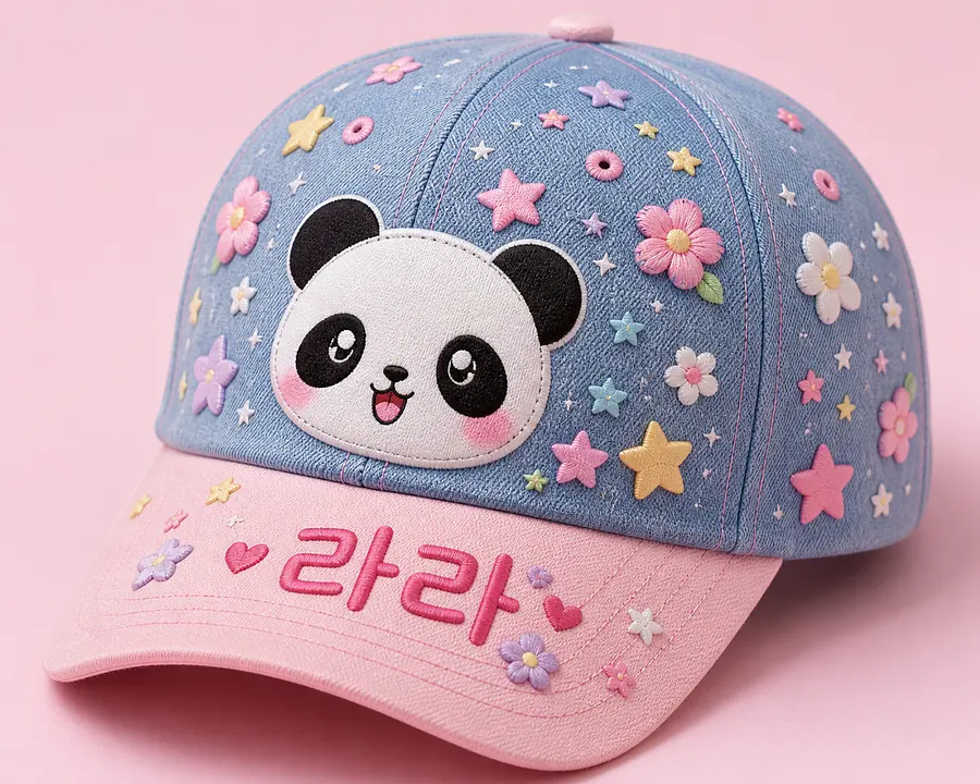 gpt-image-2 render: Un cappellino con visiera ( il cappellino di Jeans ) con visiera rosa chiaro e sulla parte davant...