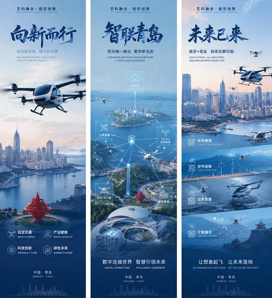 内容：
聚焦低空经济生态开展数字艺术创作表达，以艺术语言呈现低空经济价值、青岛城市特色与未来愿景。
设计要求：
1.作品须原创，兼具视觉张力、文化辨识度与传播力；
2.三幅以上系列海报...