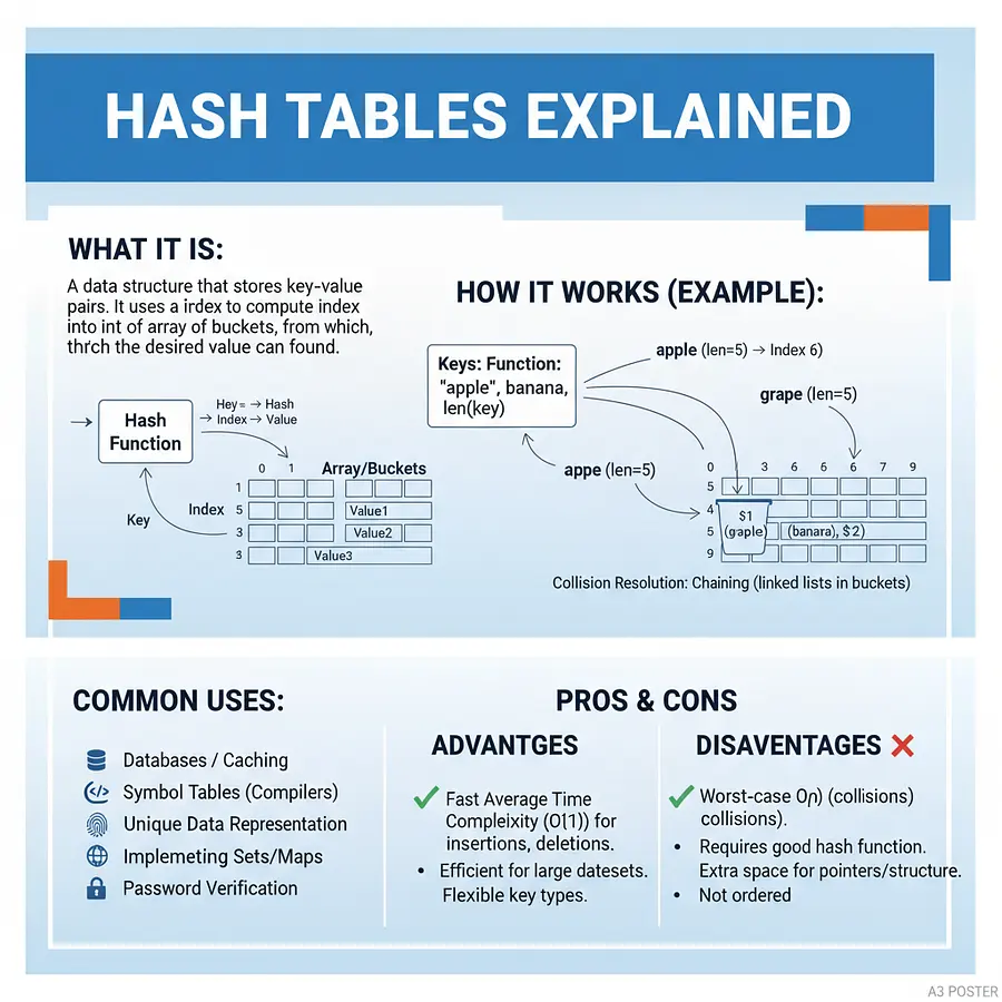 create an a3 poster  that covers and explains what a hash table works the use...